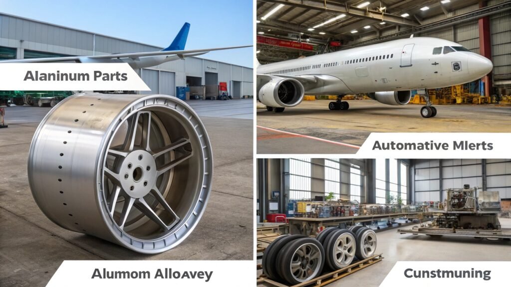 alt with keywords: collage showing diverse aluminum applications - aircraft, car parts, beverage cans, window frames, power lines